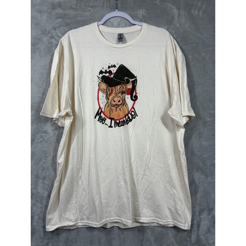 Gildan Softstyle Cream Highland Cow Halloween Moo I Mean Boo Graphic Tee 2XL